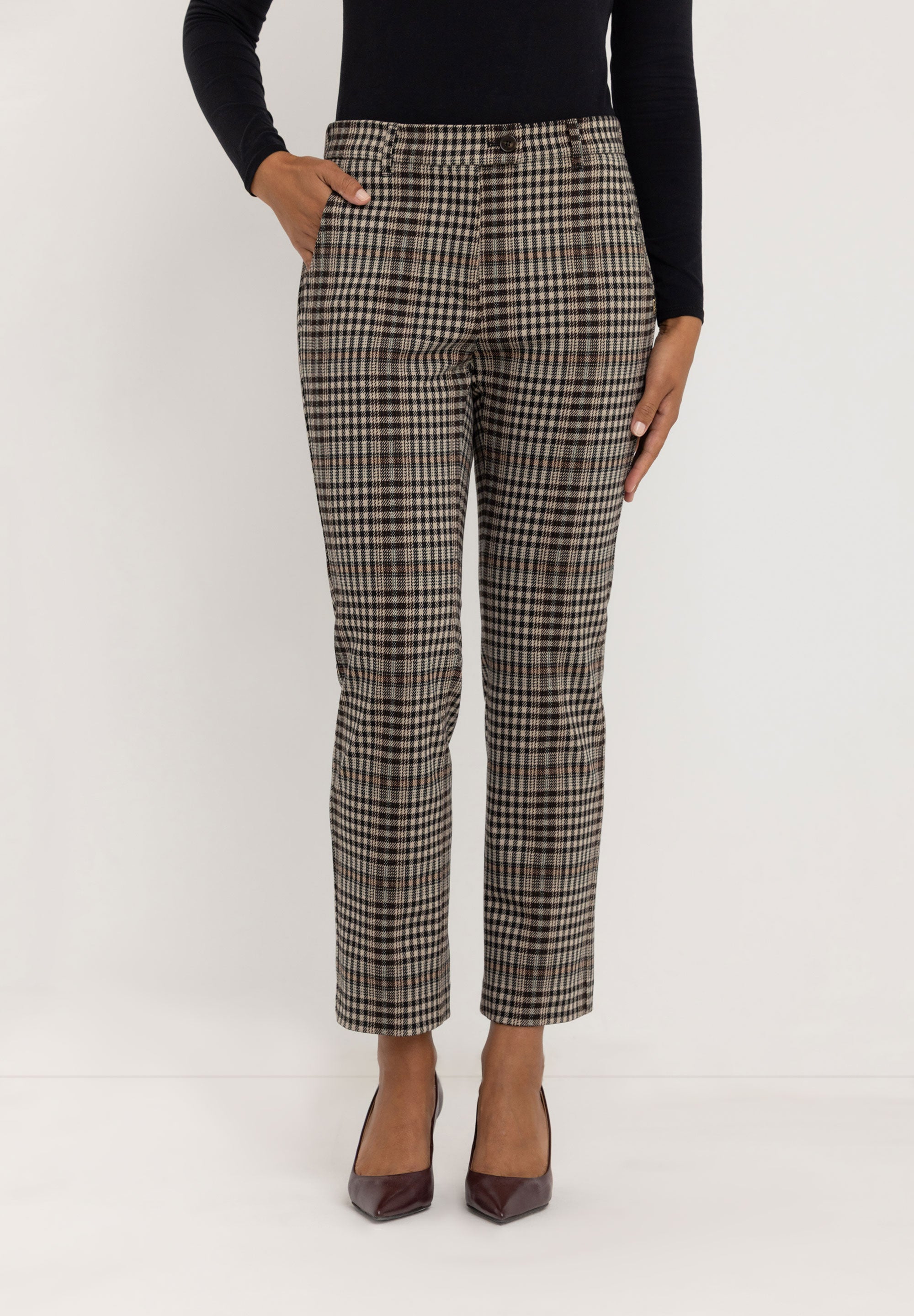 Janet Slim Tailored Pants | Ecru Brown Check